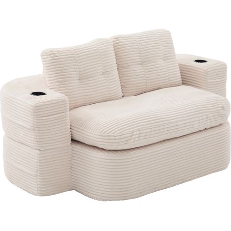 CHICFURN Sillón relax convertible 2 en 1 de terciopelo acanalado beige con doble portavasos, respaldo alto, asiento profundo y diseño compacto para salón y dormitorio (1/5)