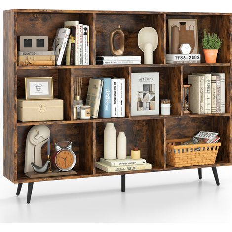 COSTWAY 10-Cube Bookcase 140 CM Mid Century Modern Storage Organizer-Brown (1/5)