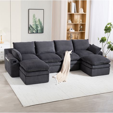 4-Sitzer-Sofa Cord Dunkelgrau, modular mit 2 Hockern und Seitentaschen, 335x167x85 cm (1/5)