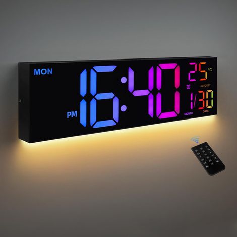 Orologio da parete digitale a 8 colori, grande orologio digitale da 16,2 pollici con temperatura, data, ora legale automatica, luce notturna, dimmer automatico, orologio da parete 24/12 (1/5)