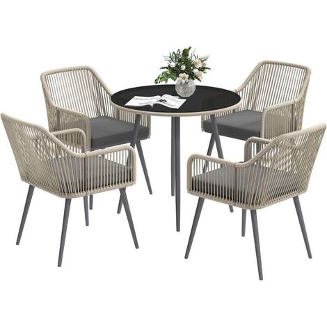 Salon de jardin extérieur en résine tressée 4 places - coussins et table ronde en verre, pour terrasse, jardin, marron (1/5)