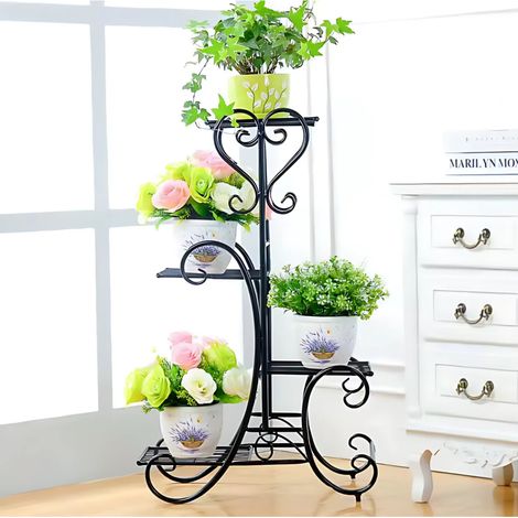 Porte-plantes en métal noir – Étagère à 4 niveaux – Design moderne pour intérieur – Optimise l'espace avec style