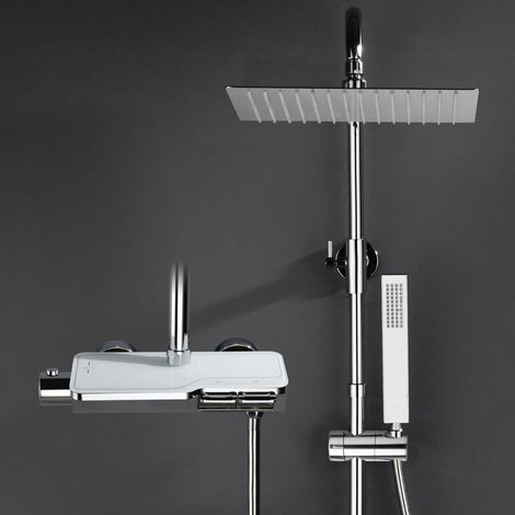 Colonne de douche avec robinetterie, acier inoxydable système de douche avec barre de douche réglable hauteur, pommeau pluie 25x25 cm et mitigeur thermostatique, Chromée (1/5)