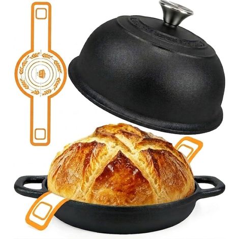 Cocotte en Fonte pour Cuisson du Pain,24 cm/4,7 L Dutch Oven avec Couvercle, Mat en Silicone et Accessoire pour Cuisson du Pain, pour Cuisine, la Cuisson Lente, la Saisie et le Rôtissage (Noir) (1/5)