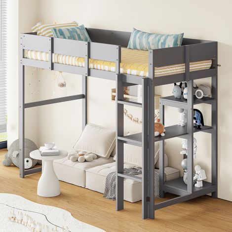 MEUBLIV Cama alta 90x200 cm gris para niños con estantería integrada, sin colchón (1/5)