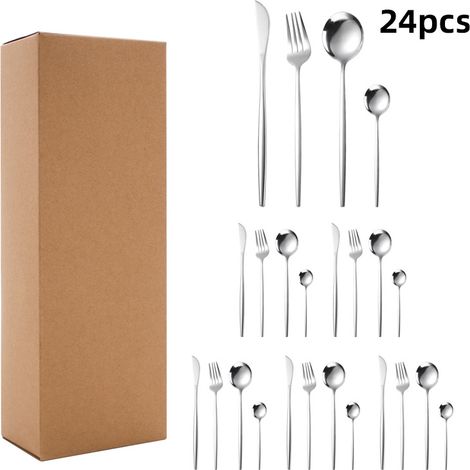 (Ensemble de 24 pièces - argent) Ensemble de couverts en acier inoxydable (couteaux, fourchettes, cuillères)