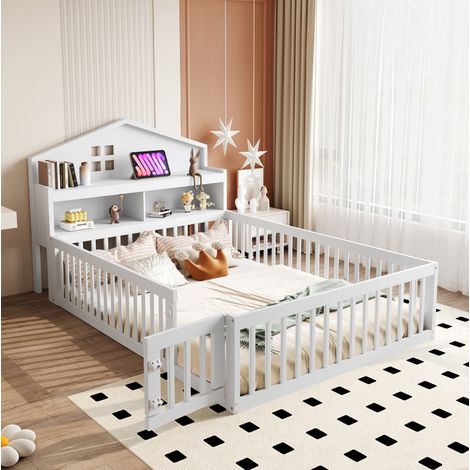 MEUBLIV Cama 140x200 cm blanca – cama cabaña con almacenamiento y barrera, sin colchón (1/5)