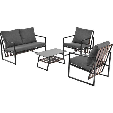 Salon de jardin bas 4 personnes canapé table basse coussin lavable avec housse amovible pour extérieur terrasse noir