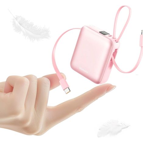Mini Batterie Externe USB C, 22.5W Chargeur Externe 10000mAh Powerbank avec 2 Câbles Intégrés, Affichage LED, Power Bank pour MacBook, iPhone 16/15, Samsung Galaxy S25, iPad, Tablet (Rose) (1/5)