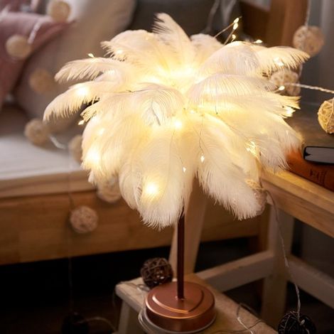 Weiße Federlampe Stimmungslicht mit Federn, Nachttischlampe, für Mutter, Freundin, Mädchenzimmer oder als Hochzeitsdekoration (1/4)