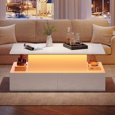 Mesa salón LED blanca con cajones ocultos OKMYHOME (1/5)