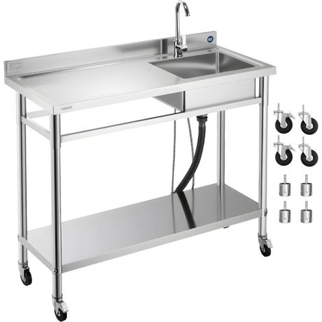 Nettoyage pratique Évier utilitaire inox sur roulettes avec robinet et établi pour restaurant garage 1200x500mm (1/5)