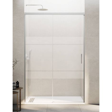 BASIC sliding shower door with fixed panel, 125 cm, Frost screen-printed glass, nickel finish
