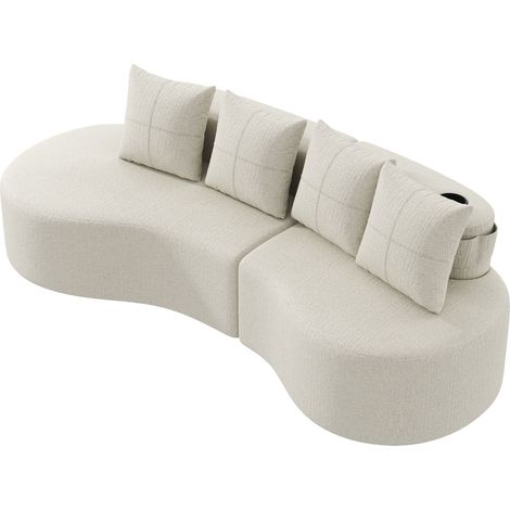 CAIziCanapé en lin beige avec 4 coussins, porte-gobelet et rangement latéral