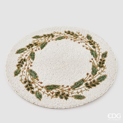 EDG Enzo De Gasperi Sottopiatto Agrifoglio con Perline Rotondo Natale D 36 Cm White Green