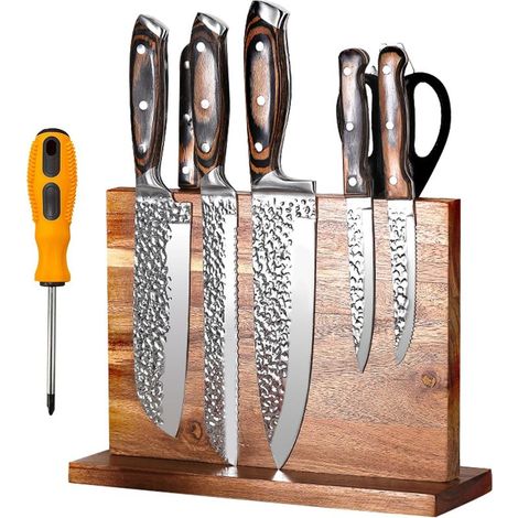 Porte Couteaux Aimanté, Porte Couteaux Cuisine, Bloc Couteaux Magnétique Bois d'Acacia, Aimanté Double Face Porte, Range Couteau de Cuisine avec Aimant Puissant, Antidérapant et Encombrant (1/5)