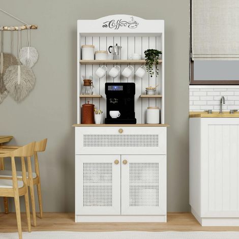 Vaisselier de cuisine blanc, cannage & niche café VAREN