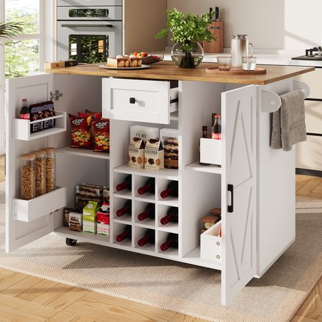 Desserte de cuisine, îlot de cuisine, meuble de salle à manger avec plateau rabattable, MDF, blanc+naturelle, 137.5x40x95.6 cm (1/5)