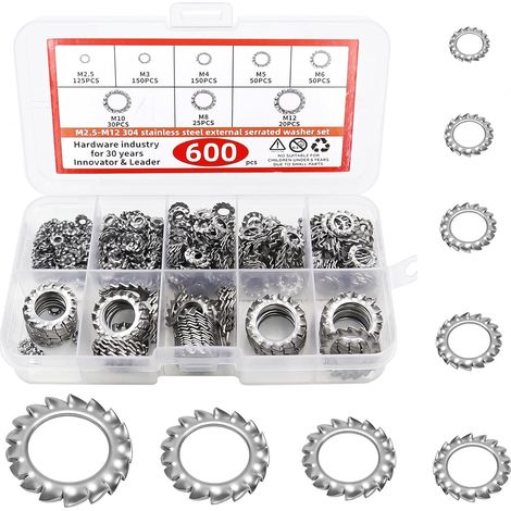 600 Pièces Rondelle Autobloquante Étoilée à Denture Extérieure Tailles M2,5 M3 M4 M5 M6 M8 M10 M12 Externe Étoile Rondelles en Acier Inoxydable 304 Rondelles Dentées Externes (1/5)