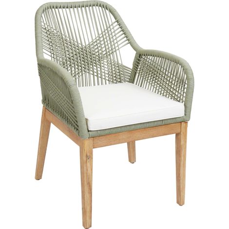 [NUNCA USADO] Silla de jardín HHG-678b, sillón de exterior, mimbre de cuerda resistente a la intemperie Madera de cuerda acacia, cojines verdes crema (1/5)