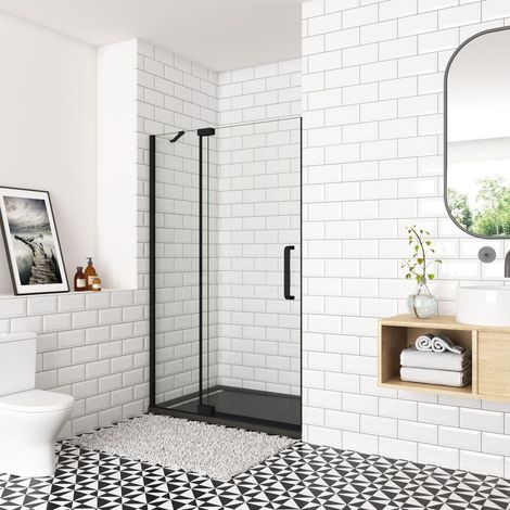 Porte de douche pivotante 90x195cm, avec une barre fixée d'angle, Océan porte de douche noire en verre 8mm anti-calcaire, profil et poignée noir mat