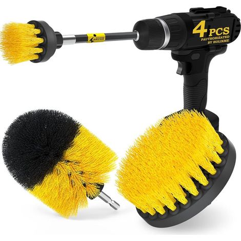 4 pièces Brosse Perceuse Nettoyage Brosse Carrelage pour Voiture Carrelage Tapis Baignoire Cuisine Toilettes(Jaune, 4 pièces) (1/5)