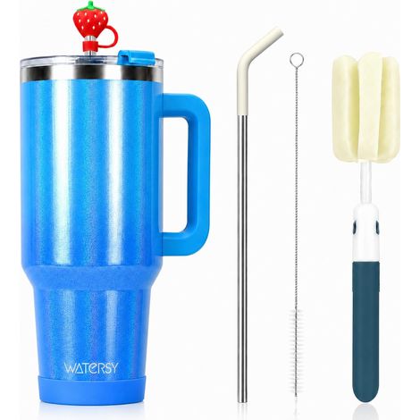 Insulated Tumbler with Handle and Straw, Double Wall Stainless Steel Tumbler (Keeps Cold for 34 Hours), Vacuum Tumbler for Tea, Cold Drinks and Coffee (Gradient (1/5)