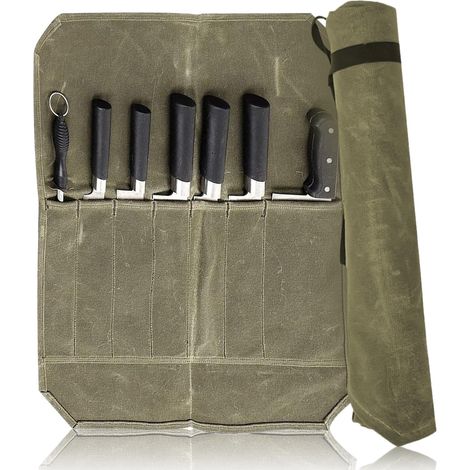 Messertasche aus gewachstem Canvas, rollbare Messertasche, Küchenmesseretui mit 6 Fächern, für Küchenmesser, zum Campen und Wandern