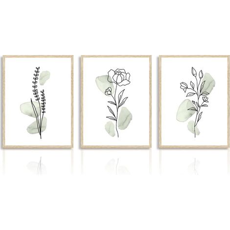 Tableau Décoration Murale Moderne Minimaliste Fleurs en Toile, Art Mural Vintage Vert Sauge, Affiches Florals Aquarelles 30x40 cm Sans Cadre, Lot de 3 (1/5)