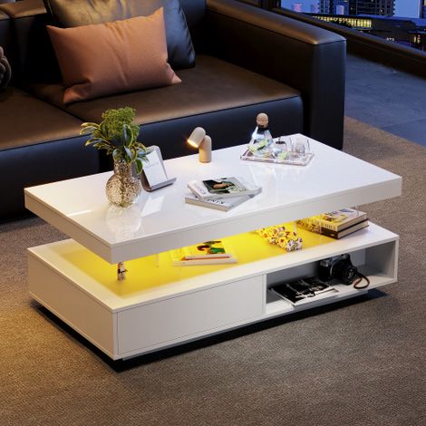 Table basse à LED blanche, table centrale moderne haute brillance avec 2 tiroirs de rangement et espace de rangement ouvert, table à thé avec lumières LED 16 couleurs pour salon, 95x50x42.5cm