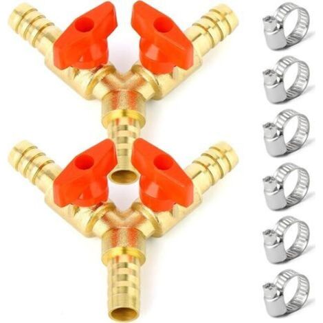 2pcs 3 Way Shut Off Ball Valve, 8mm Hose Barb 2 Y Shaped Brass Switch with 6 Clamps (1/5)