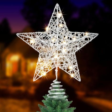 Étoile pointe sapin Noël argentée 10 LED, métal scintillant décoration maison (1/4)