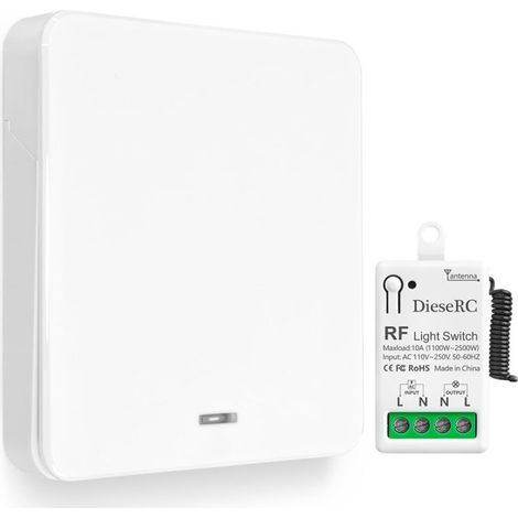 Wireless Light Switch, RF Transmitter Switch for Type 86 Wall Panel and 10A Relay Controller-Receiver, for Lights Up to 1500W (1/4)