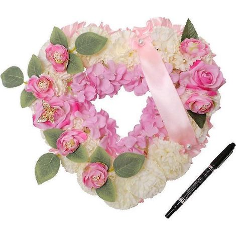 Couronne funéraire en forme de cœur avec fleurs artificielles soyeuses, guirlande florale pour décoration de cercueil, tombe, salle de cérémonie, hommage commémoratif avec ruban papillon.