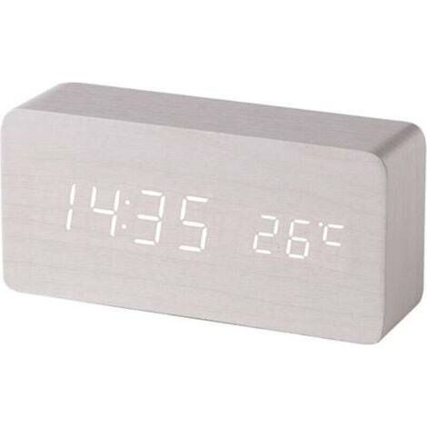 Réveil numérique en bois blanc avec capteur sonore LED – Alimentation USB ou pile, horloge silencieuse déco intérieur (1/5)