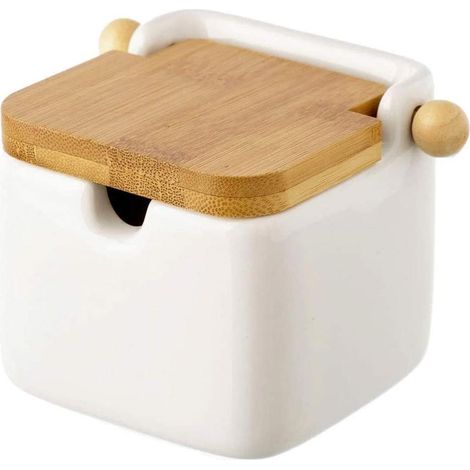 Zuccheriera Barattolo Ceramica Tappo Legno Bambu Sale Zucchero Caffe 0,7lt Bianc