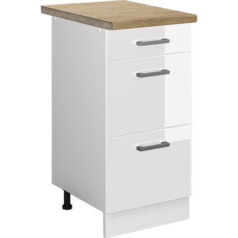 Küchenunterschrank R-Line, Weiß Hochglanz, 40 cm mit Schubladen, AP Eiche, Vicco