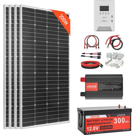 VEVOR 800W Solaranlage Komplettset, Insel Solaranlage Inkl. 4x 200W Mono-Solarpanele 12,8V 300Ah LiFePO4 Stromspeicher 60A MPPT Laderegler & 12V 2000W Wechselrichter, Photovoltaik Inselanlage für Heim (1/5)