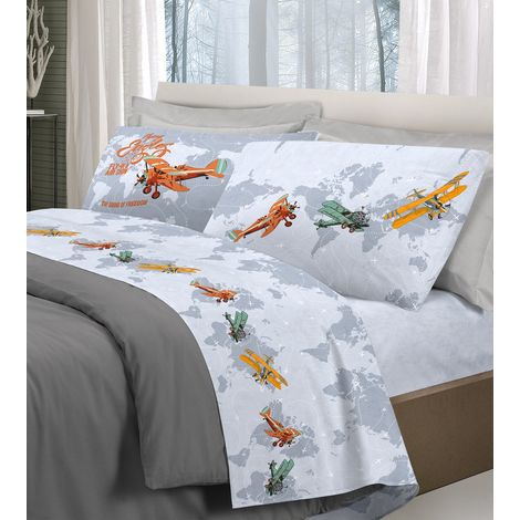 Completo letto con stampa fotografica 100% cotone 3 misure parure Linea Aerei Grigio - Singolo (1/3)