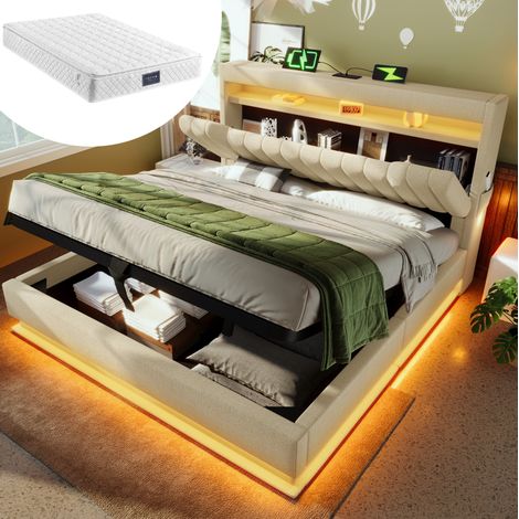 Lit coffre 140x200 cm en lin beige avec matelas, LED, USB et Type-C, tête de lit avec rangement (1/5)