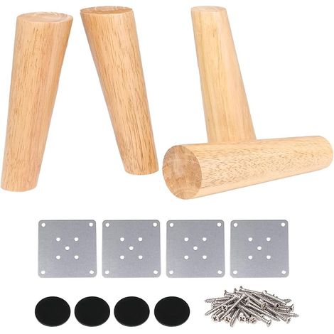 Lot de 4 pieds de meubles en bois de chêne 18 cm de hauteur avec plaque de fer pour canapé, table, placard (1/5)