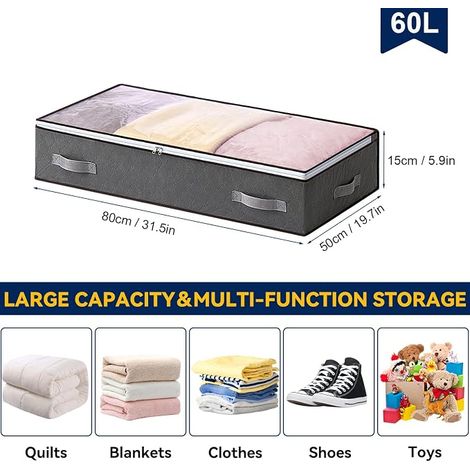 Sacs de Rangement Sous Lit Organizer 60L Pliable Sac Souple Grande Capacité avec Fenêtre Transparente pour Couette Vêtements 80x50x15cm (1/4)