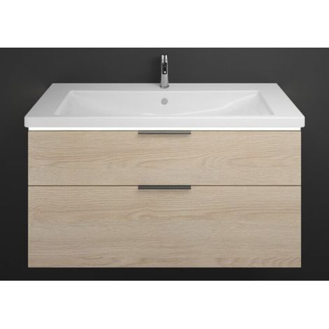 Burgbad Eqio Keramik-Waschtisch mit Unterschrank, 2 Auszüge mit LED-Beleuchtung, Griffleiste Eiche Dekor Cashmere/Alpinweiss 123 cm Schwarz matt (1/2)