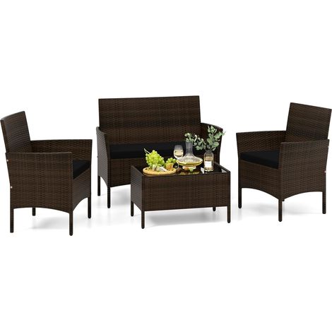 COSTWAY Set di Salotto da Giardino in Rattan 4 Pezzi,Tavolo in Vetro Temperato per Giardino,Nero (1/5)