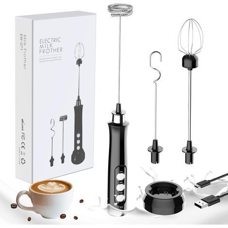 Mousseur à Lait, Machine à Mousse électrique Portative, Mélangeur de Boisson 3 en 1, Station de Chargement USB avec 3 Fouets en Acier Inoxydable pour Café, Lait et Cuisine Noire (1/5)