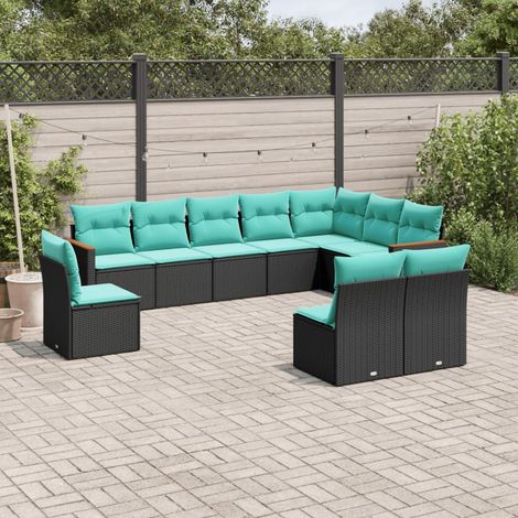 10-teiliges Gartensofa-Set mit Kissen, schwarzes Polyrattan