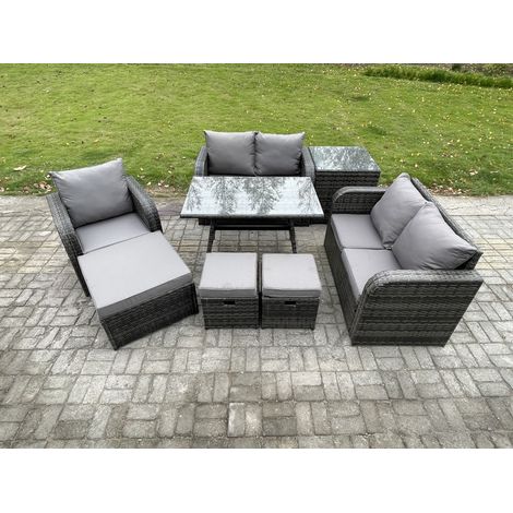 Fimous 8-Sitzer Polyrattan Gartenmöbel Set mit Esstisch Sesseln Love Sofa 3 Hockern Beistelltisch Dunkelgrau Gemischt (1/5)