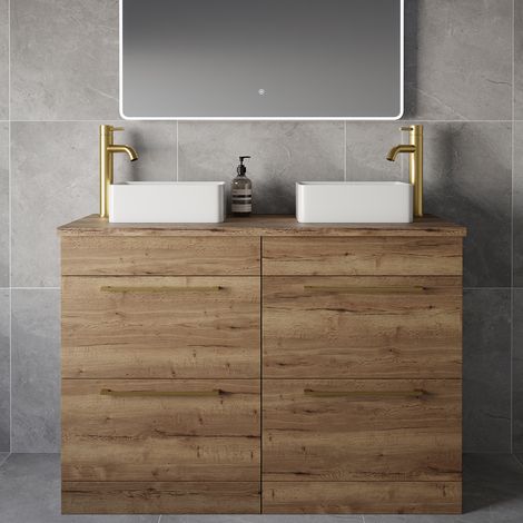 Napoli 460 Tobacco Oak 1200mm 4 Drawer Vanity Unit for Countertop Basins - 1200mm - Brushed Brass 320mm Handle