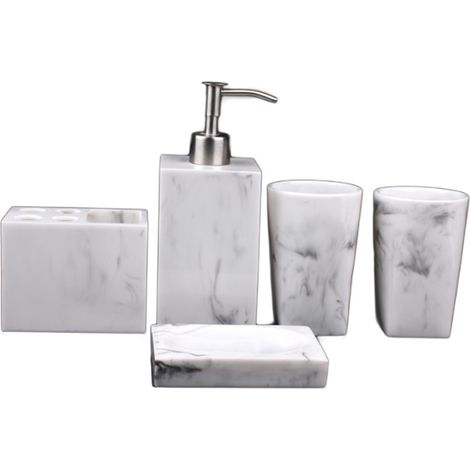 Ensemble d'accessoires de salle de bain, vanité en résine de marbre avec gobelets, porte-savon, porte-brosse à dents, distributeur de liquide (1/5)