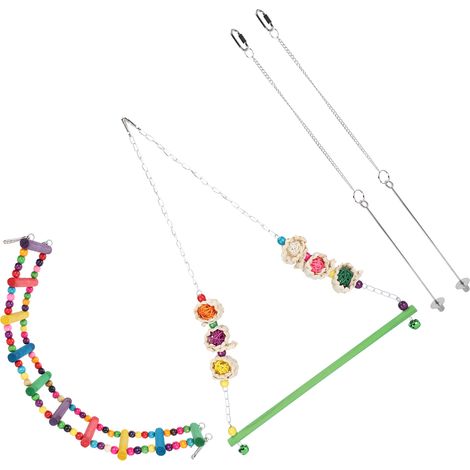Lot de 4 jouets colorés pour poules : balançoire, échelle, support, porte-fruits et mangeoire suspendue pour légumes. (1/5)